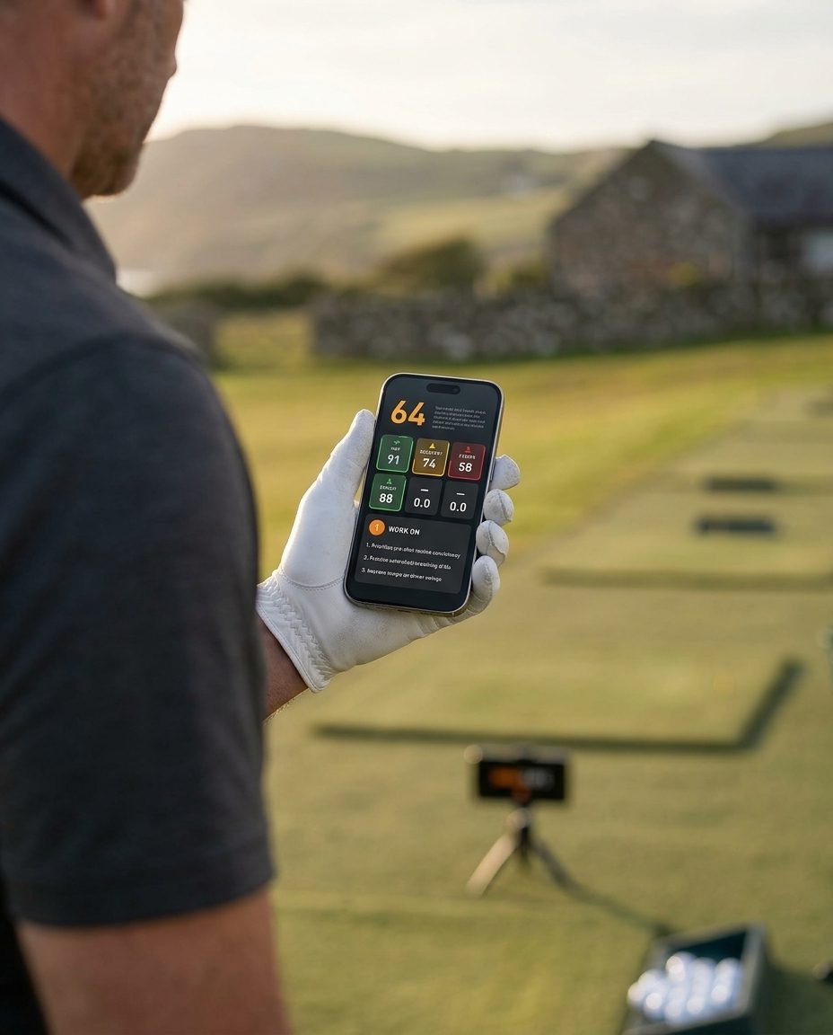 A golfer on the range reading the MoCaddieIQ health-check sheet on their phone