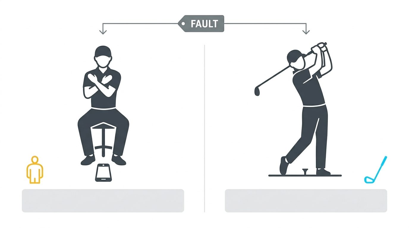 One fault tag splitting to a seated body test on the left and a golf swing on the right