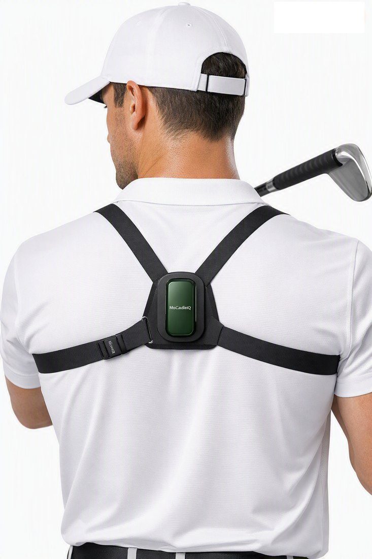 Upper-back harness worn by a golfer, rear view, with the sensor carrier between the shoulder blades