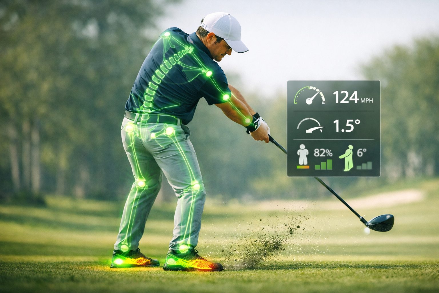 Golfer at impact with the measured skeleton overlaid and live numbers beside the club