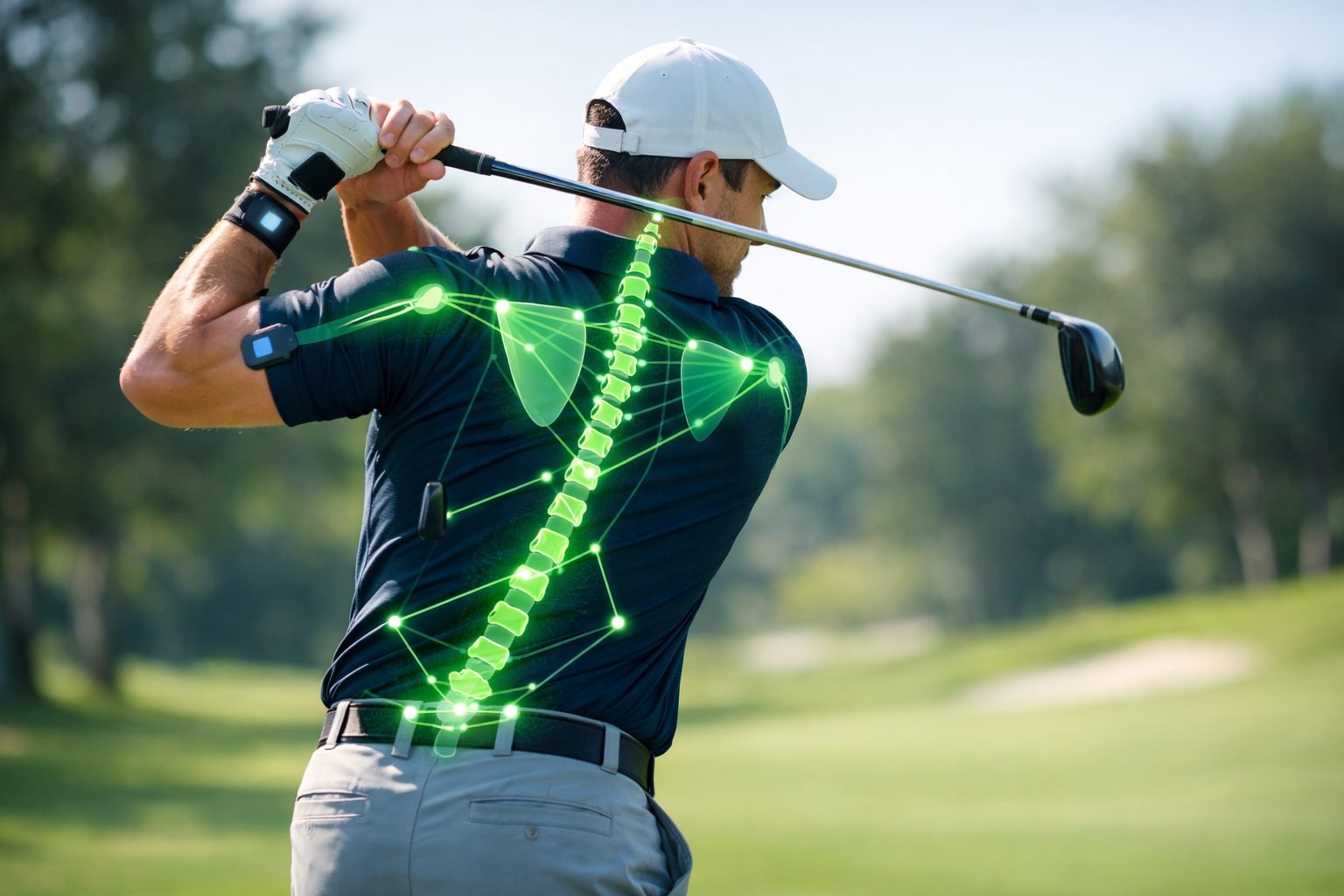 Golfer at the top of the backswing wearing MoCaddieIQ sensors, with the measured skeleton overlaid