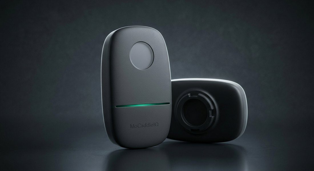 The MoCaddieIQ sensor: a matte charcoal pod with a status light and a quarter-turn mount